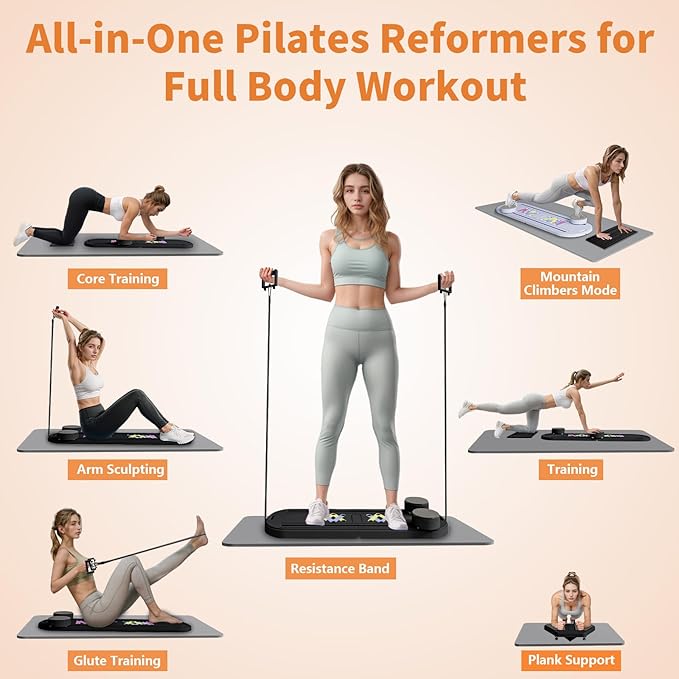 Pilates Reformer Board, 6 in 1 Portable & Foldable Pilates Reformer Set with Resistance Bands, Pilates Board for Home Workout, Multifunctional Abdominal Board
