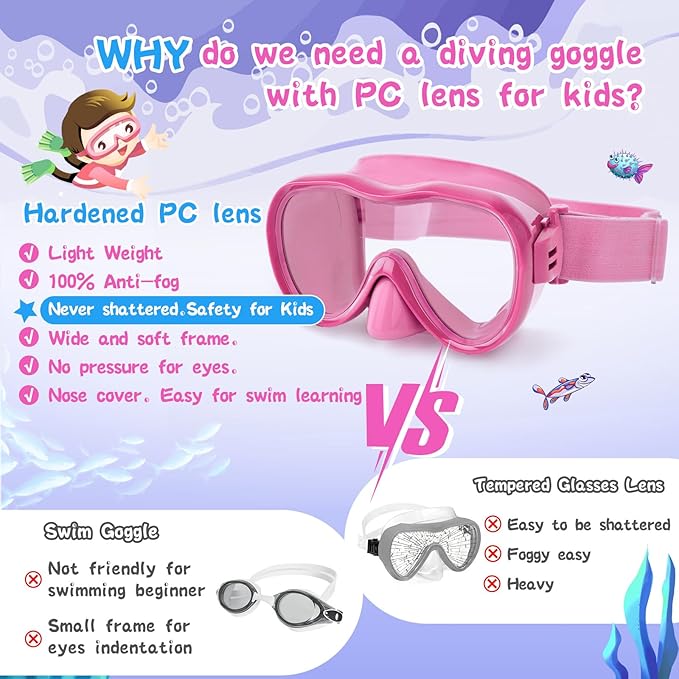 Kids Swim Goggles 180° Snorkel Diving Mask with Nose Cover, Anti-Fog Kids Swimming Goggles with Elastic Fabric Strap for Kids Boys Girls