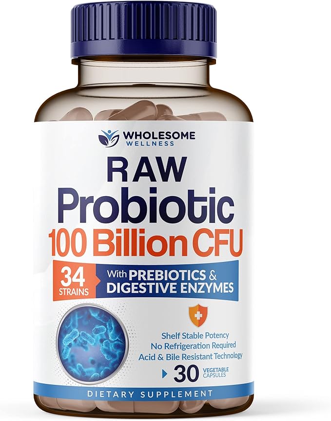 Wholesome Wellness Organic Raw Probiotics 100 Billion CFU, Dr Formulated for Women and Men, Complete Adult Supplement with Prebiotics and Digestive Enzymes; 30 Capsules, Shelf Stable