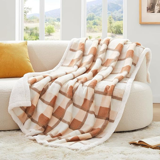 PU MEI Super Soft Faux Rabbit Fur Sherpa Fleece Throw Blanket, Reversible Luxury Cozy Cute Furry Blanket, Plush Warm Shaggy Fluffy Checkered Blankets for Sofa Couch Bed (Beige-Plaid, 80" x 90")