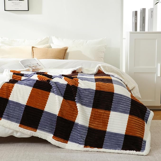 PU MEI Sherpa Blanket Twin Plaid Thick Bed Blanket, 80”*90” Super Soft Flannel Fuzzy Fleece Reversible Velvet Plush Warm Blanket for Couch (Brown Orange Check)