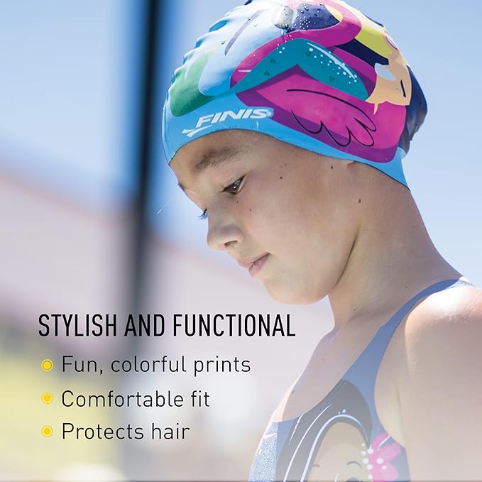 FINIS Mermaid Kids Swim Cap - 100% Silicone - Fun Prints - Universal Fit - Chlorine Protection