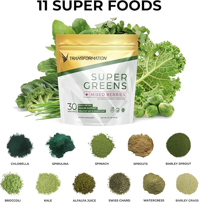 Transformation Super Greens Superfood Green Juice Powder - Immune & Energy Support | Natural Ingredients | Detoxifying & Alkalizing Minerals - Spirulina, Chlorella, Wheatgrass, Spinach, Alfalfa