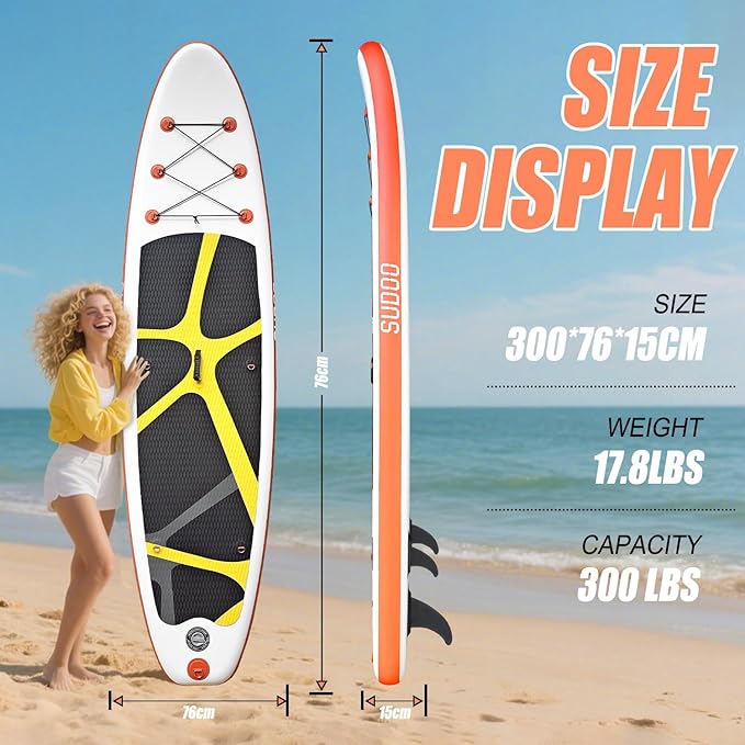 Inflatable Stand Up Paddle Board 10‘x30‘‘- Ultra-Light SUP with Backpack, Pump, Paddle, Coil Leash, 3 Fins, Repair Kit, Stable Design, Non-Slip EVA Deck for Adults & Youth