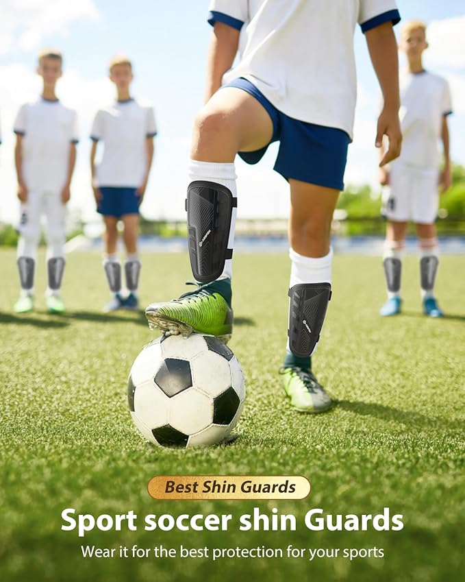 Shin Guards Soccer Kids Youth, CE Certified Airsfish Shin Guard Protection Gear for 2-18 Years Old Boys Girls Teenagers High Impact Resistant Breathable Comfortable 1 Pair 4 Sizes