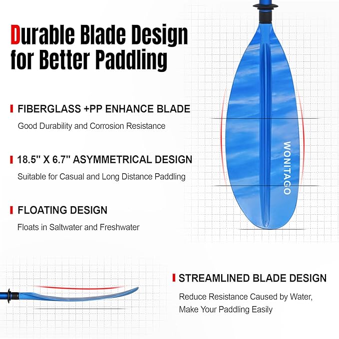 Kayak Paddle with Aluminum Shaft and Reinforced PP Blade, Floating Kayak Oar for Kayaking Canoeing and Boating, 220 cm/86 inches - 230 cm/90 inches