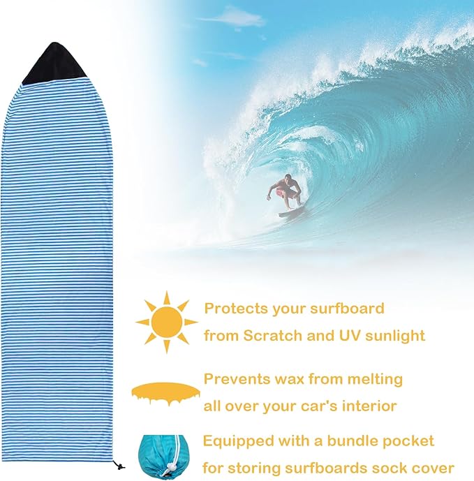 Surf Sock, Surfboard Sock Cover for Longboard Paddleboard Surf Board Sup Paddle Board, 6-8 FT Foot Quick Dry Stretch Surfboard Bag Sleeve with Drawstring Closure