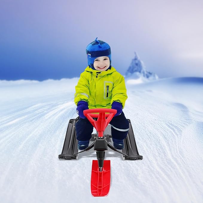 Snow Racer Sled with Steering Wheel and Brakes, Durable Steel Frame, Downhill Steerable Sled for 220 LBS Kids, Teenagers, Adults
