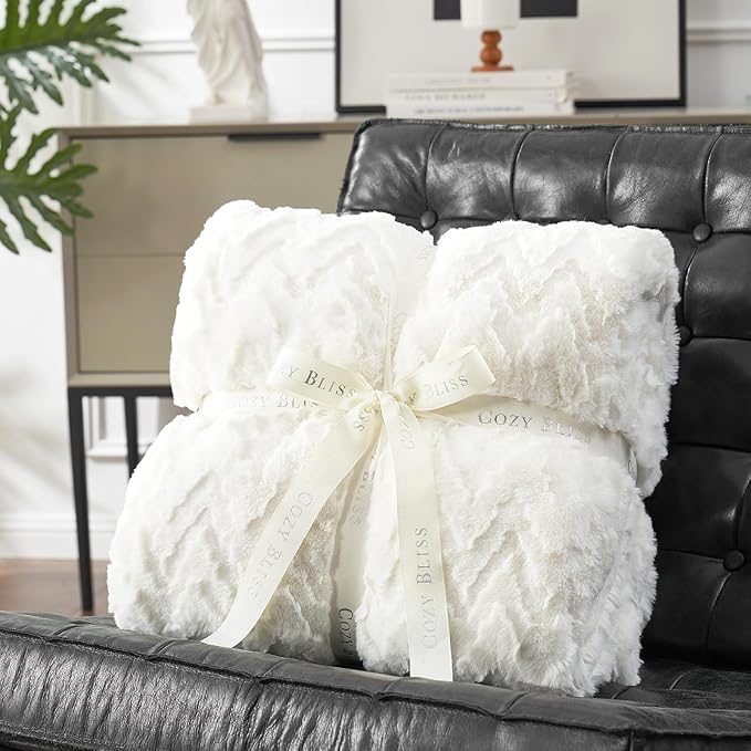 Cozy Bliss Faux Fur Throw Blanket for Couch - Ultra Soft Fuzzy Cozy Throw Gift Blankets for Women,Cream White Boho Blanket for Sofa Bedroom Living Room.50 * 60 Inches