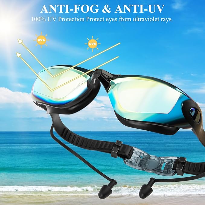 Swim Goggles,Swimming Goggles No Leaking Anti Fog UV Full Protection with Nose Clip Earplugs,Swim Pool Goggles for Adult Men Women Youth