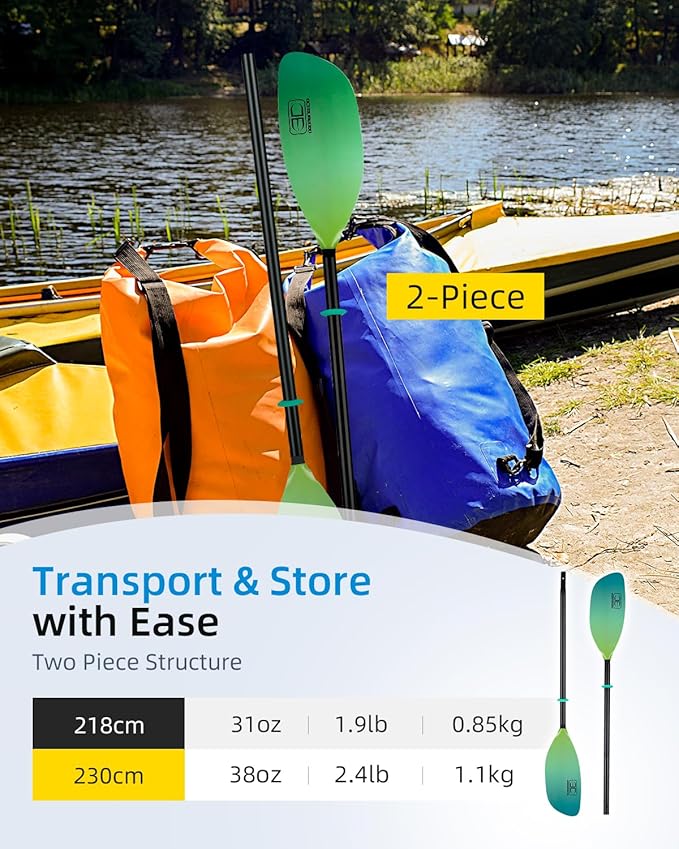 OCEANBROAD Kayak Paddle 86in/218cm, 90.5in/230cm Alloy Shaft 2-Piece Floatable Kayak Oar for Kayaking Canoeing Boating