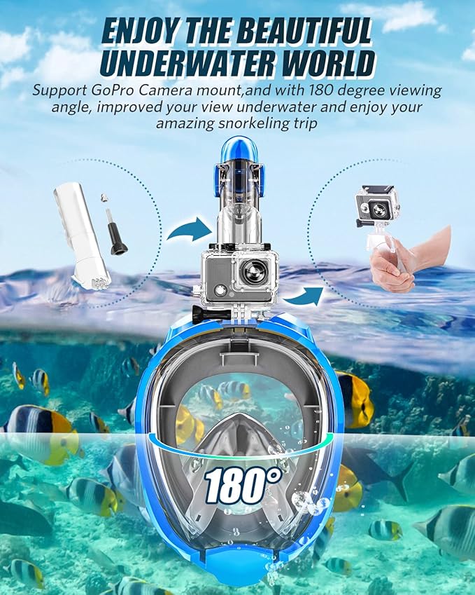 QingSong Full Face Snorkel Mask for Adults, Snorkeling Gear with Camera Mount, 180 Degree Panoramic View Snorkel Set Anti-Fog Anti-Leak