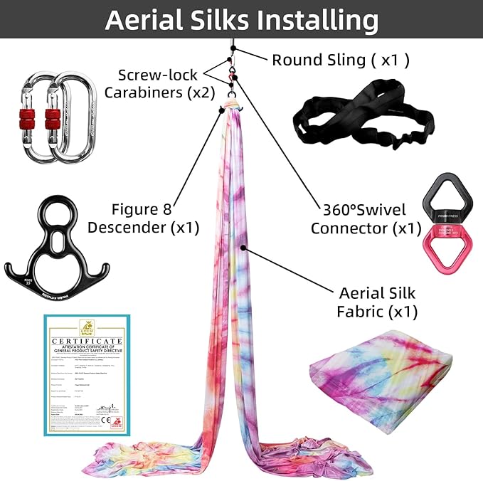 PRIOR FITNESS Aerial Silks Kit Colorful 9/15/20 Yards 40D Nylon Fabric Hammock Set With Hardware & Guide for All Levels Of Aerial Yoga Practice and Acrobatic Flying For Adults Aerial silk