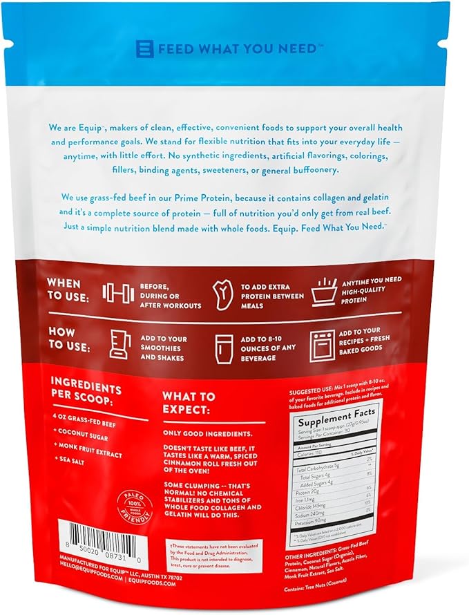 Equip Foods Prime Protein Powder | Clean, Grass Fed Beef Protein Powder for Women & Men | Carnivore Protein Isolate | Paleo, Keto Friendly | Gluten, Dairy Free | 30 Servings, Cinnamon Roll