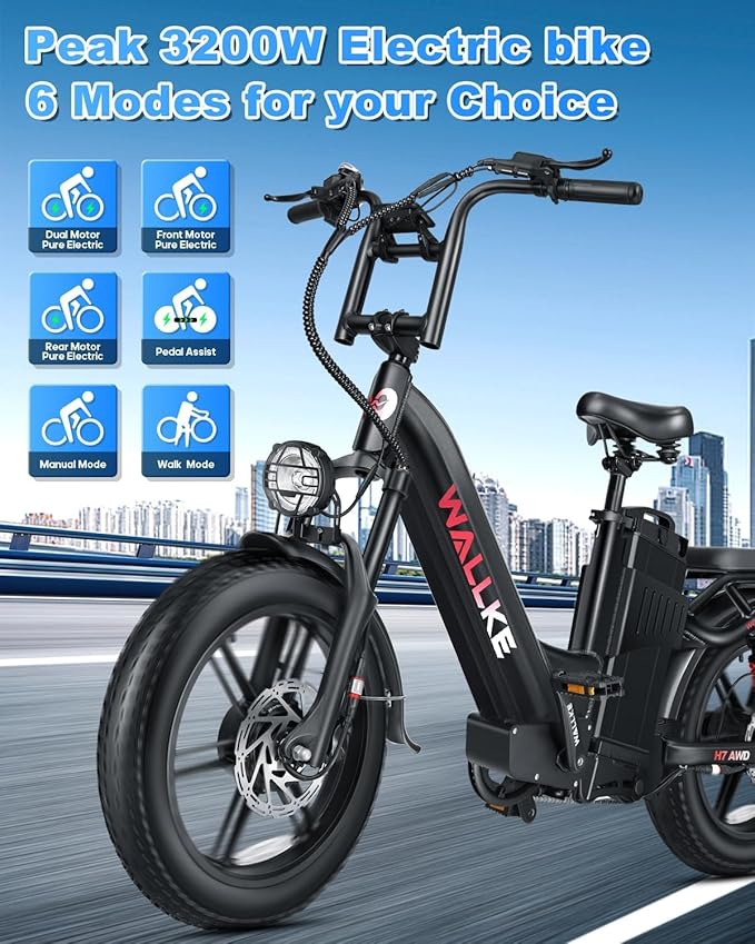 W Wallke H7 AWD Dual Motor Electric Bike for Adult, 48V 60Ah/40Ah Removable Battery, Long Range 32-34MPH Fast Ebike, 20" Fat Tire Mountain Offroad All Terrain Full Suspension E-Bicycle, UL2849 List