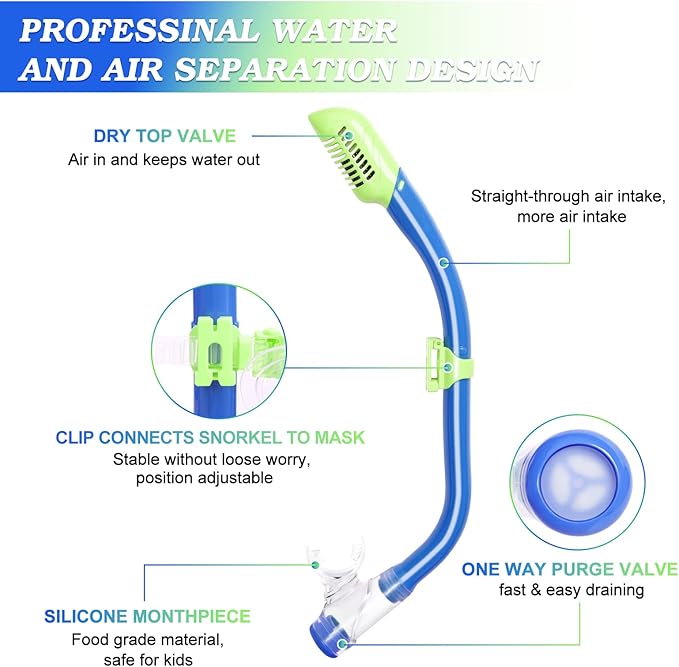 Kids Mask Fins Snorkel Set, Dry Top Snorkeling Gear for Kids Youth Boys Girls Junior Age 5-15 Tempered Glass Snorkel Mask Set Panoramic View Snorkeling Packages