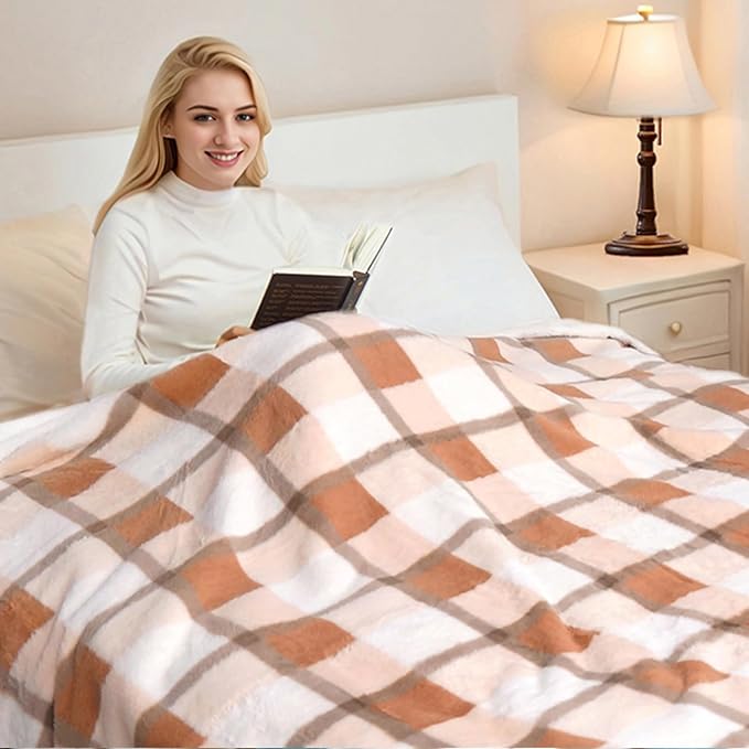 PU MEI Super Soft Faux Rabbit Fur Sherpa Fleece Throw Blanket, Reversible Luxury Cozy Cute Furry Blanket, Plush Warm Shaggy Fluffy Checkered Blankets for Sofa Couch Bed (Beige-Plaid, 80" x 90")