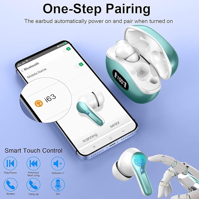 Wireless Earbuds, 2025 Bluetooth Headphones 5.3 HiFi Stereo Ear buds with ENC Noise Cancelling Mics, 40H Bluetooth Earbuds with Dual LED Display Charging Case, IP7 Waterproof Earphones for Android iOS