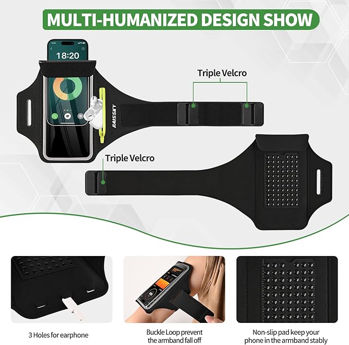 Running Armband with Earphone Bag for iPhone 16/15/14 Max/Pro/Plus & Galaxy S20/S10, Touchscreen Compatible, Phone Holder for Running with Card Slot & Key Pockets, Fit Up to 6.9 Phone