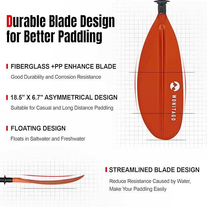 Kayak Paddle with Aluminum Shaft and Reinforced PP Blade, Floating Kayak Oar for Kayaking Canoeing and Boating, 220 cm/86 inches - 230 cm/90 inches