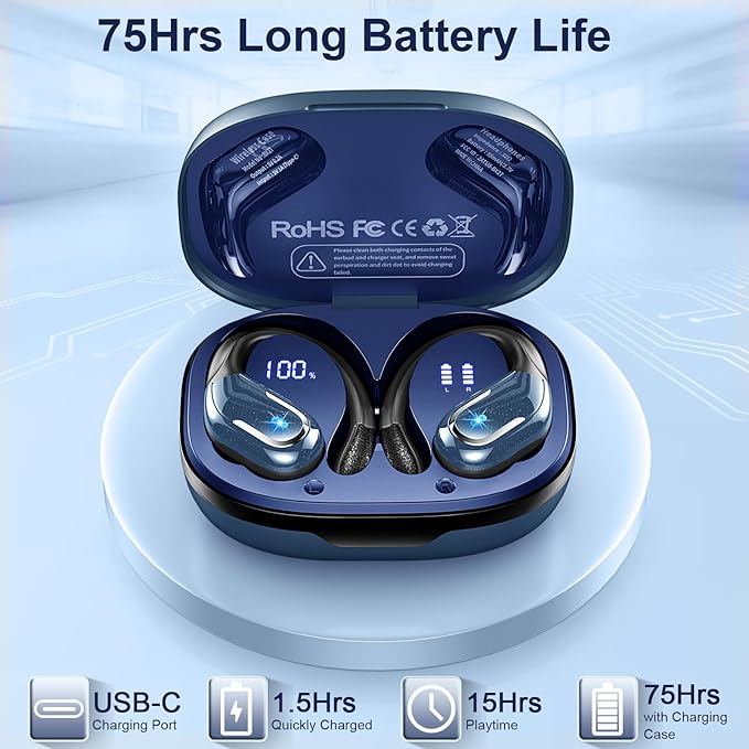 Wireless Earbud, Bluetooth 5.4 Headphones IP7 Waterproof Sport, 75Hrs Running Wireless Earphones with ENC Noise Canceling Mic, Deep Bass Over Ear bud with Earhooks for Android, iOS, Workout, Gym, Blue
