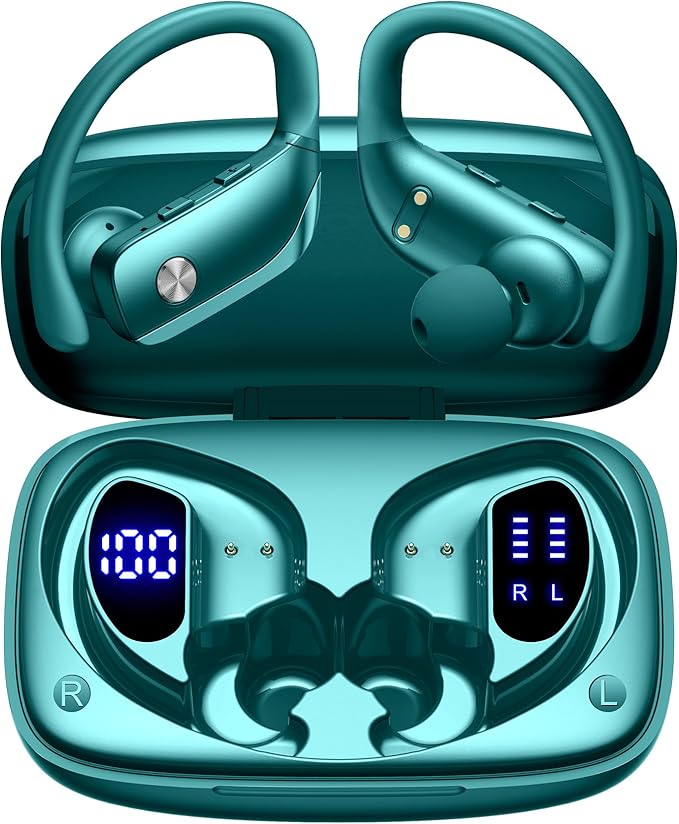 bmani Ear Buds Wireless Earbuds Bluetooth Headphones with 80H Playtime LED Display Case, Over-Ear Hook with Mic, Stereo Sound, Easy Button Controls, Sports Earphones for Running Workout Gym Green