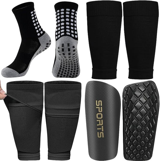 1 Pair Men's Grip Soccer Socks and 1 Pair Shin Guard Sleeves,1 Pair Sleeves with Optimized lnsert Pocket and Shin Guards