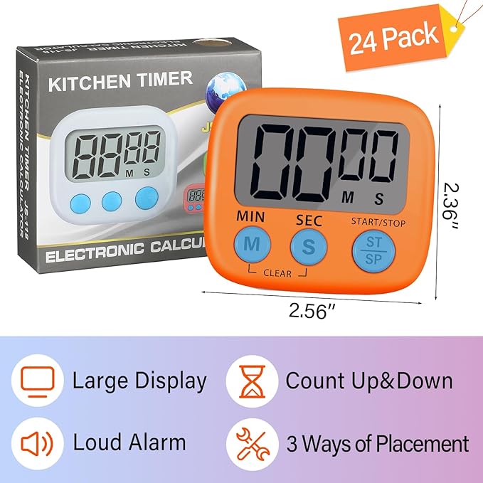 Weewooday 24 Pcs Digital Kitchen Timer Magnetic Timer Bulk On/Off Switch Minute Second Count up Countdown Loud Alarm for Exercise Cook Baking(Multicolor)