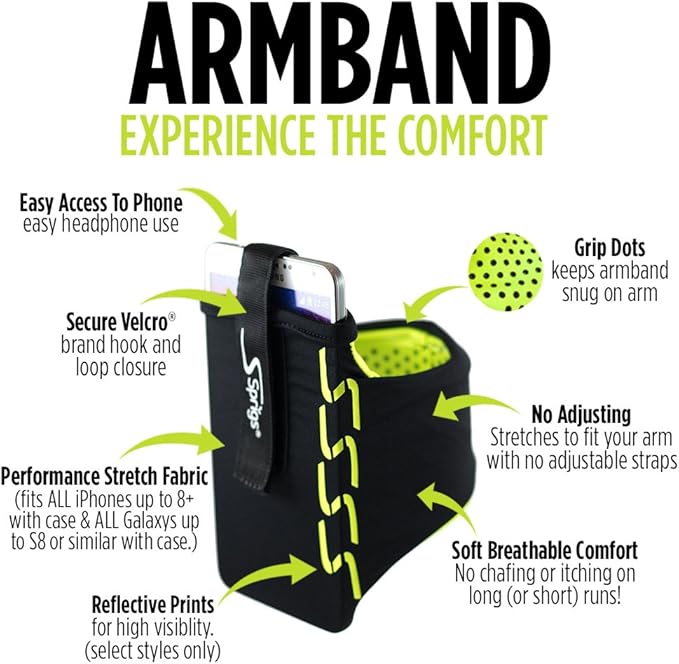 Sprigs Phone Armband Sleeve for iPhone 14, 13, 12, 11, X Galaxy Z, S22, S21, S20 Google Pixel 7, 6, 5. The Lightest & Most Comfortable Running Armband, Stretches to Fit All Phones with Case for Women & Men