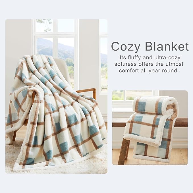PU MEI Super Soft Faux Rabbit Fur Sherpa Fleece Throw Blanket, Reversible Luxury Cozy Cute Furry Blanket, Plush Warm Shaggy Fluffy Checkered Blankets for Sofa Couch Bed (Green-Plaid, 60" x 80")