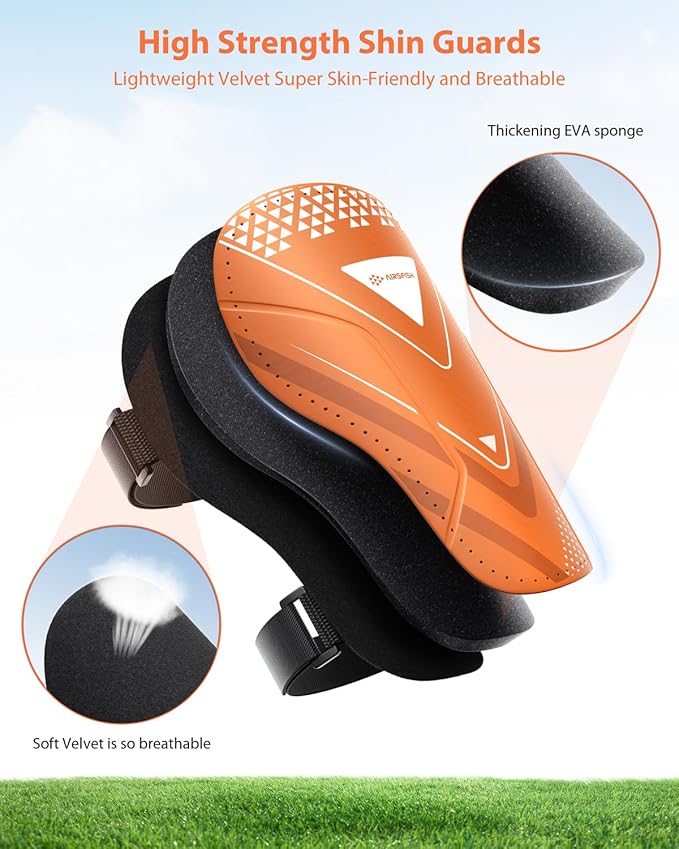 Shin Guards Soccer Kids Youth, CE Certified Airsfish Shin Guard Protection Gear for 2-18 Years Old Boys Girls Teenagers High Impact Resistant Breathable Comfortable 1 Pair 4 Sizes