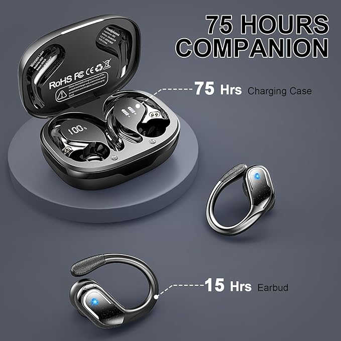 Wireless Earbuds, Sport Bluetooth 5.4 Headphones 2025 New Bluetooth Earbuds with 75Hrs Stereo, 4 ENC Mic, Noise Canceling Over-Ear Buds with Earhooks, IP7 Waterproof Earphones for Workout/Running/Gym