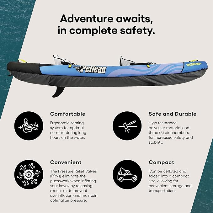 Pelican iESCAPE Inflatable Kayak - Recreational Kayak - Compact, Stable and Fun All in One - for 1 or 2 Person