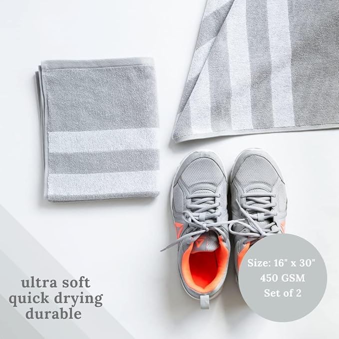 Luzia Striped Workout Towel for Sweat (Pack of 4) - Premium Quality 100% Turkish Cotton - Lightweight and Super Absorbent for Exercise, Sports, Workout, Fitness, Gym, Yoga, Running (Gray)
