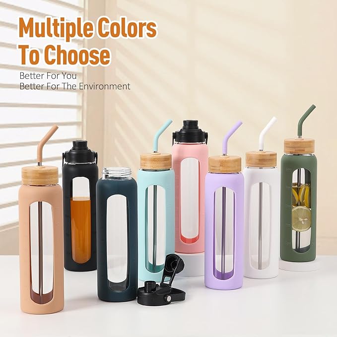 Kodrine Water Bottle with Straw, 24 oz Glass water Bottle with 2 Lids Bamboo Straw Lid and Spout Lid with Handle, 32 oz Clear Water Bottle Glass for Sports Travel, Waterbottle with Time Marker