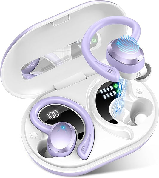 Wireless Earbud, Bluetooth 5.4 Headphones IP7 Waterproof for Sport, 48H Running Wireless Earphones with ENC Noise Cancelling Mic, Deep Bass Over Ear bud with Earhooks for Android, iOS, Workout, Purple