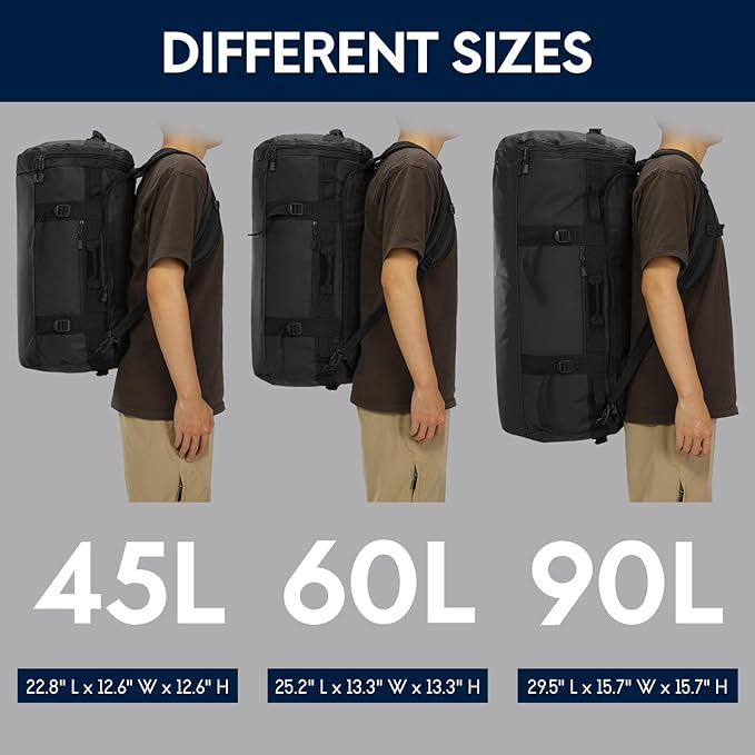 Haimont Large Duffle Backpack Bag for Men, Long Travel Duffel with Backpack Straps, Heavy Duty Back Packs with Shoes Compartment, Water-resistant, 90L, Black
