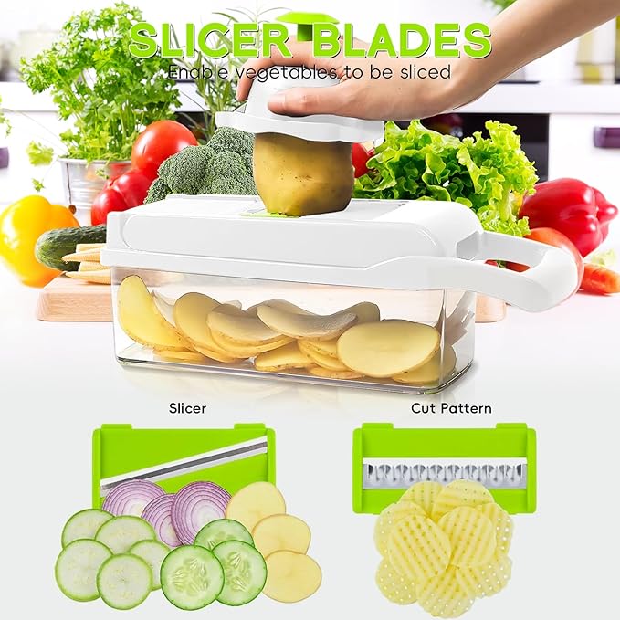 Vegetable Chopper & Spiralizer - Food Chopper with Container | Fruit Slicer, Kitchen Gadget | Dice, Slice, Shred Veggies/Fruits | Perfect for Salads（17-in-1green）