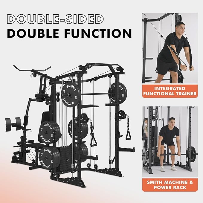GMWD SmithΔ Machine Power Cage, Multi-Function Home Gym System with Cable Crossover System, Dual-Sided Workout Station with 121LBS Weight Stack, Power Rack, Functional Trainer, All in One Home Gym
