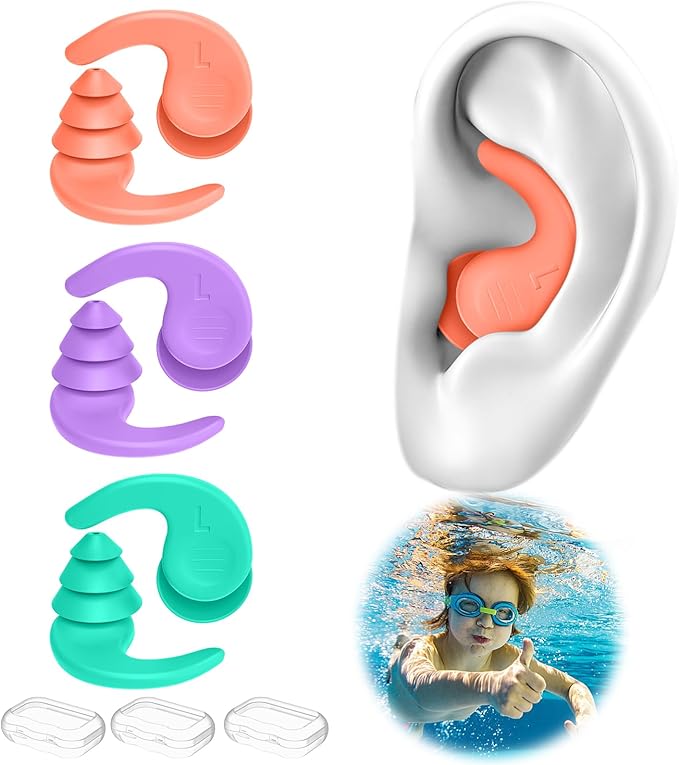 Kids Swimming Ear Plugs,3 Pairs Waterproof Reusable Silicone Child Swim Earplugs for Swimming Surfing Bathing Showering,Small Children Water Ear Plugs Suitable for Boys and Girls (Kids 4-12 Years Old)