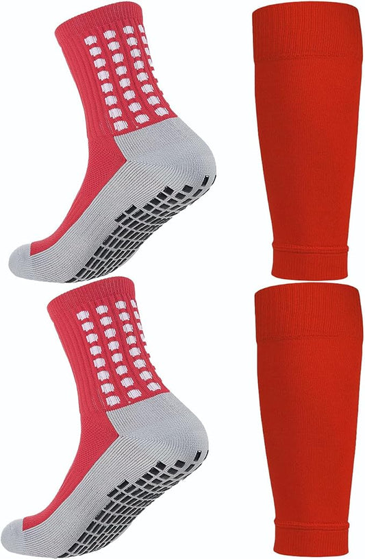 KMOLY 1 Set Soccer Grip Socks,Shin Guard Sleeves for Football Basketball for Men and Women Black/White One Size