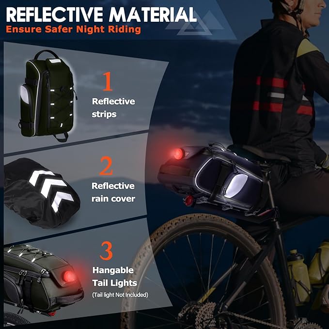 RAINSMORE Bike Bags for Bicycle Rear Rack 15L Waterproof Bike Ebike Trunk Pannier Saddle Bag with Rain Cover Bike Accessories Backpack Shoulder Bag for Commuter Travel Outdoor, Green