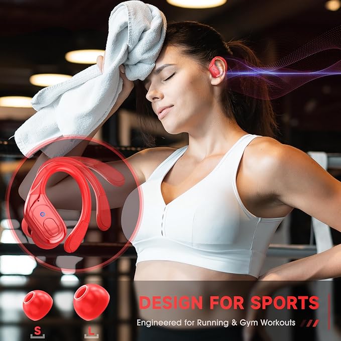 Wireless Earbuds Bluetooth 5.4 Headphones, Noise Canceling Ear Buds with 75hr Playtime, LED Power Display, IPX7 Waterproof Earphones Over-Ear Earphones for Sports/Workouts - Red