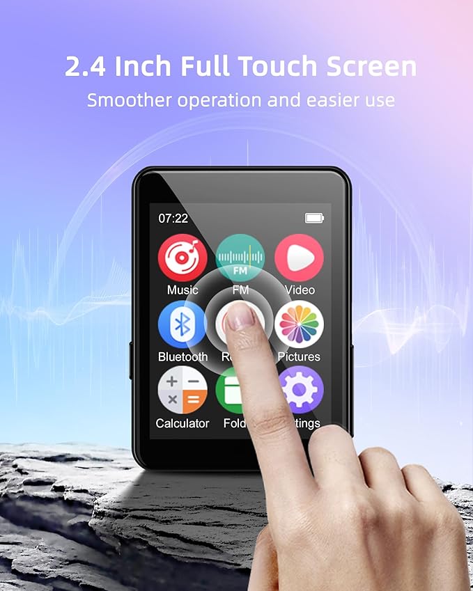 64GB Music Player with Bluetooth 5.3, 2.4" Portable MP3 Player with Speaker, FM Radio, Voice Recorder, E-Book, Full Touch Screen, Supports up to 256GB (Earphones Included)