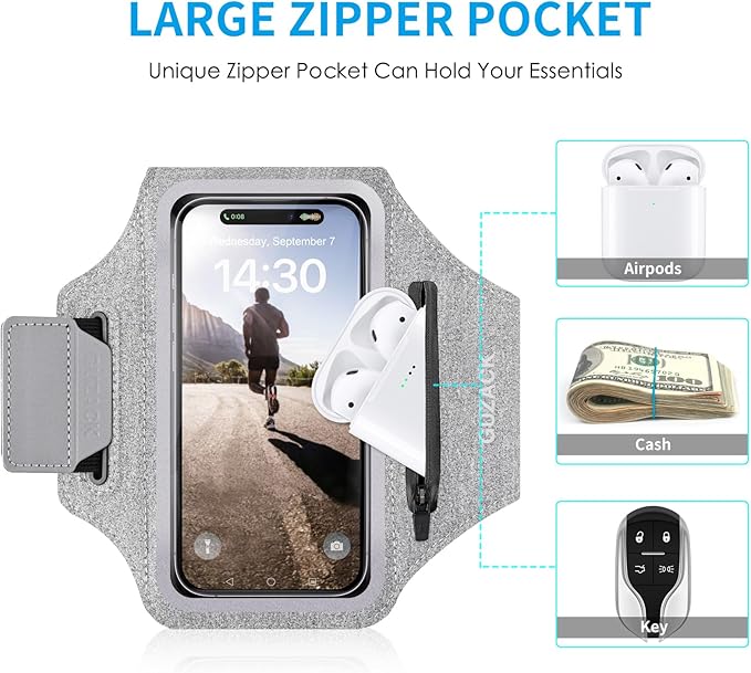 GUZACK Running Armband Case for iPhone 16/15/14/13/12/11 Pro Max, Galaxy S25/S24/S23/S22, Universal Cell Phone Arm Holder with Key Pocket & Card Slot, Gray