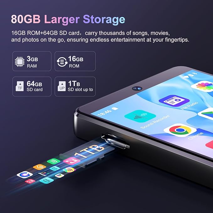 80GB MP3 Player with Bluetooth and Camera, Android 13 OS MP3 & MP4 Player with 4" Touchscreen and Speaker, Spotify Music Player with Audible, FM Radio, Amazon Music, Play Store