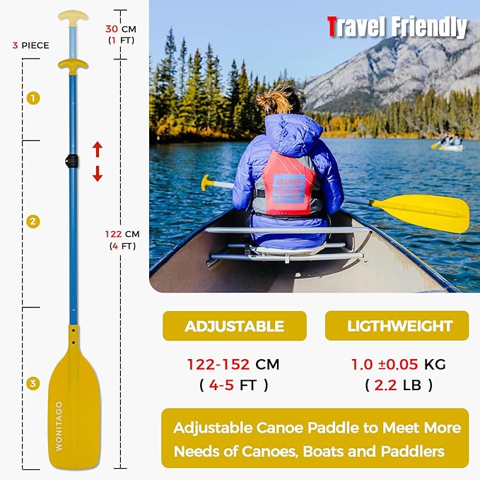 Canoe Paddles Aluminum Paddle with Plastic Blades Floating Adjustable Canoeing and Boating Oars, 122-152 cm/4-5 Ft, Black/Yellow