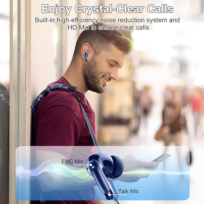 Wireless Earbuds, Bluetooth 5.4 Headphones, ENC Noise Cancelling Mic Ear buds with Stereo Bass, 48H Playtime Earphones , LED Display, IP7 Waterproof In Ear EarBuds for Phone Android iOS Sports, Blue