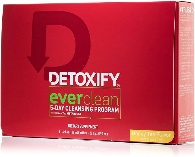 Detoxify – Ever Clean Cleansing Program – Honey Tea – 5 x 4 oz Bottles – 5-Day Solution – Green Tea, Vitamins & Minerals – Plus Sticker and Bag