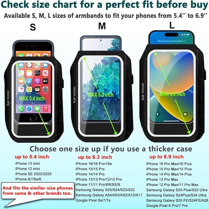 Running Phone Holder, Arm Band for Running for iPhone & Samsung Galaxy, Cell Phone Armband Holder for Walking, Gym, Workout, Men, Women, w/Adjustable Strap & Zipper Pocket (Black-L)